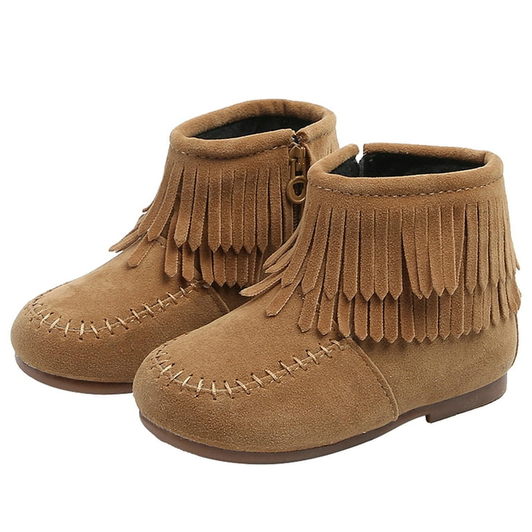 GEZHEN Kids Solid Color Warm Fringe Boots Martin Boots Snow Boots
