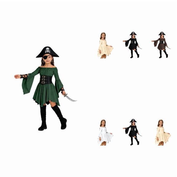 WAYUTE Dresses for Girls Retro Off Shoulder Flared Long Sleeve High Waist Court Style Party Dress with Ruffle Irregular Hem Daily Play Outfit,Green