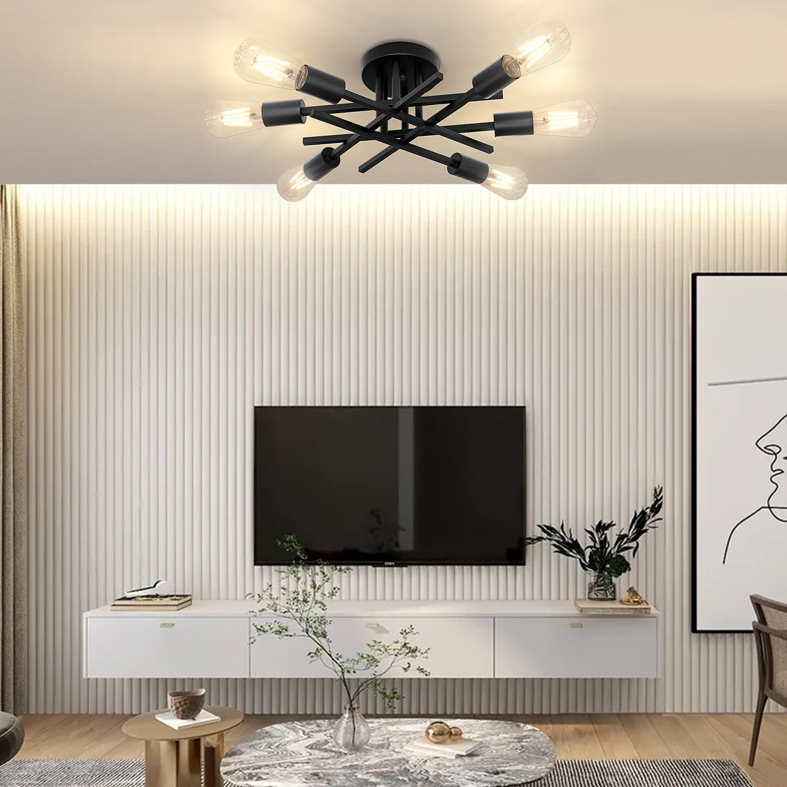 DONGPAI Modern Sputnik Chandelier Ceiling Light Fixtures, 6-Lights Industrial Dining Room Light Fixture Semi Flush Mount Ceiling Light for Kitchen Bathroom Living Room Bedroom Hallway