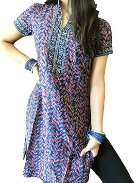 Women Tunic Dress, Blue Printed Tunic Blouse, Handmade Cotton Summer Beach Tunic SM