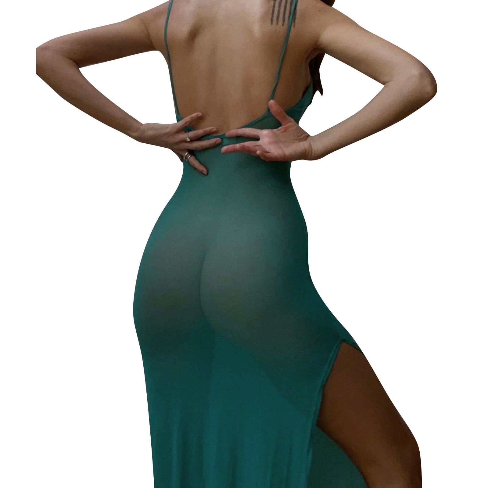 Women Sexy See-Through Sheer Mesh Slip Dress Backless Spaghetti Strap  Low-Cut Slit Long Dress Swim Cover Ups Beach Dress Club