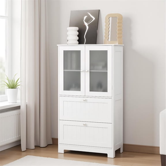 Spaco White Bathroom Floor Storage Cabinet, Freestanding Cupboard with 2 Drawers & Frosted Glass Doors
