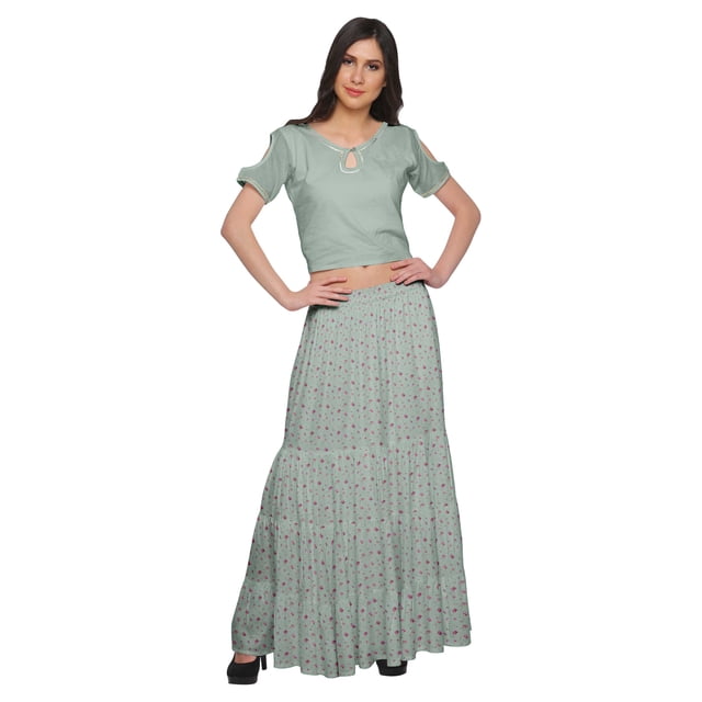Moomaya Printed Rayon Cold Shoulder Crop Top And Skirt Ethnic Set For Women