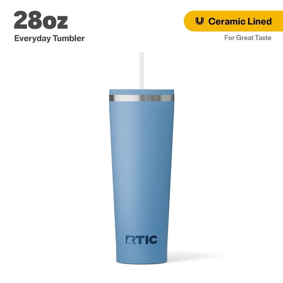 RTIC 28 oz Ceramic Lined Everyday Tumbler, Spill-Resistant Straw Lid, Denim