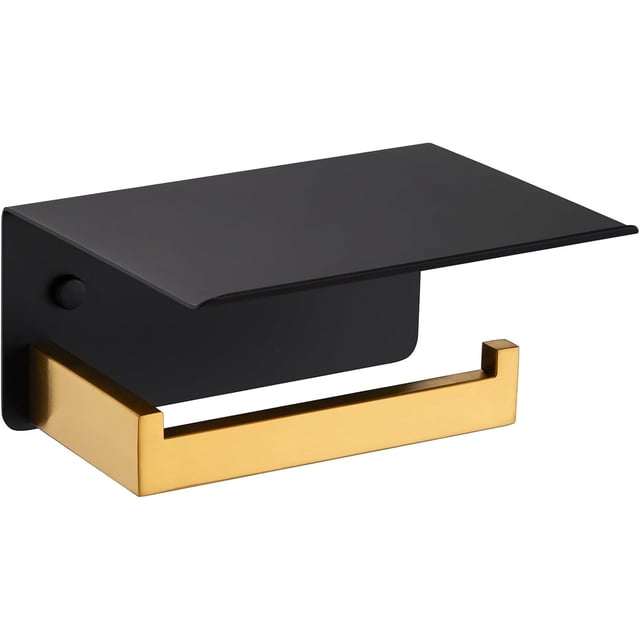 Soporte de papel higiénico con estante, acero inoxidable 304 para baño, para pared, color negro y dorado