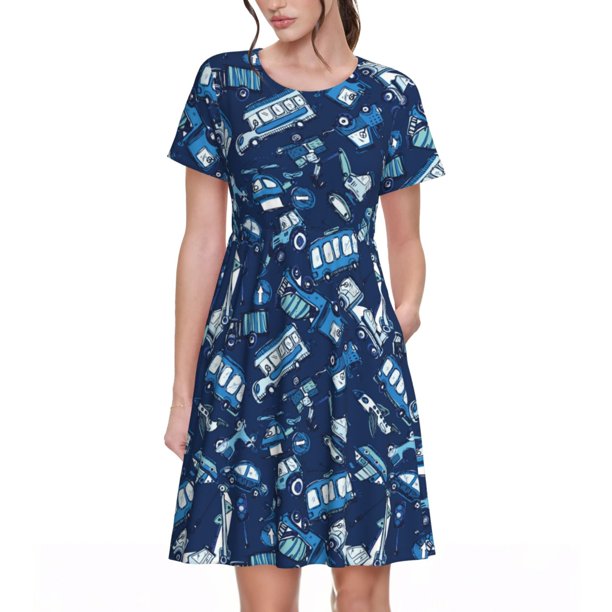 Balery Blue Bus Vestidos sueltos de manga corta para mujer, vestidos de verano 2025, vestidos casuales de corte A con vuelo.
