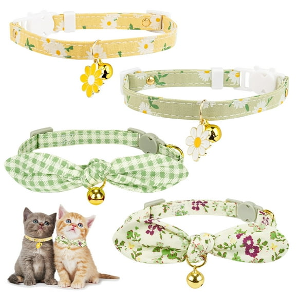 4 pack Cat Collar, Breakaway Kitten Cat Collar with Bell, Ideal for Girl Cats Boy Cats, Green