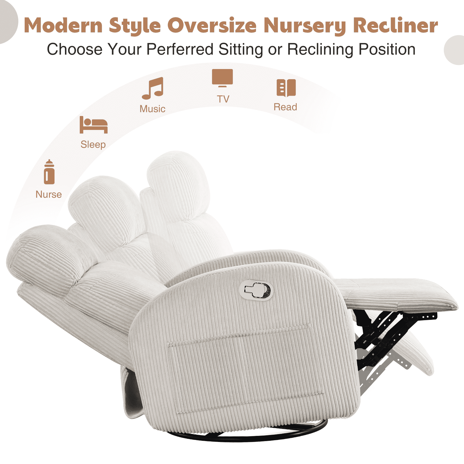 Aemeios Corduroy Swivel Rocker Glider Manual Recliner Nursery Rocking Chair with Double Pockets, Camel