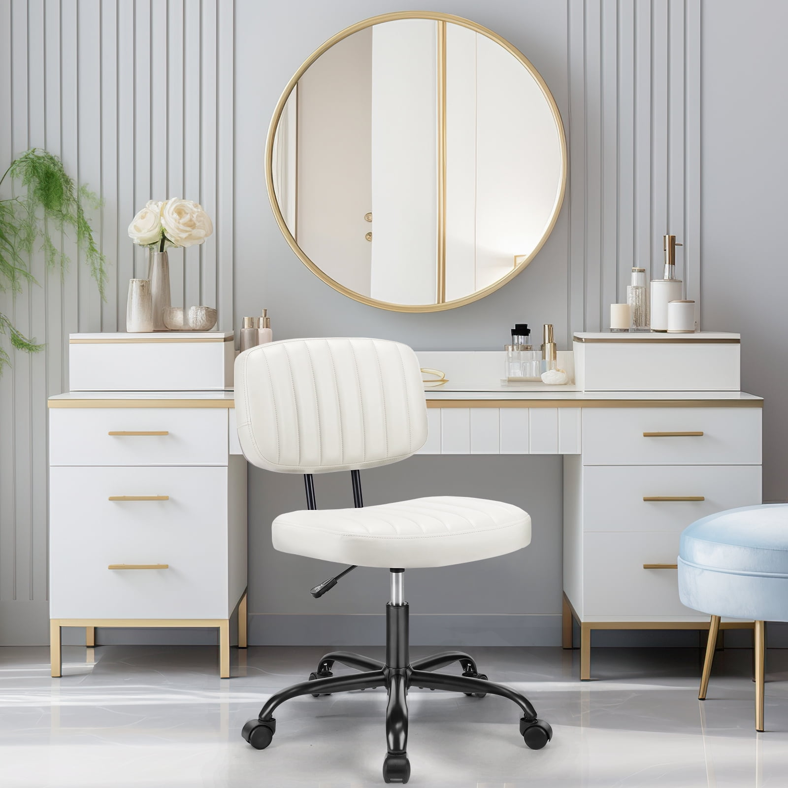 JOINSUN Indoor Home Office Chair Low Back Height Adjustment Vanity Desk Chair, White