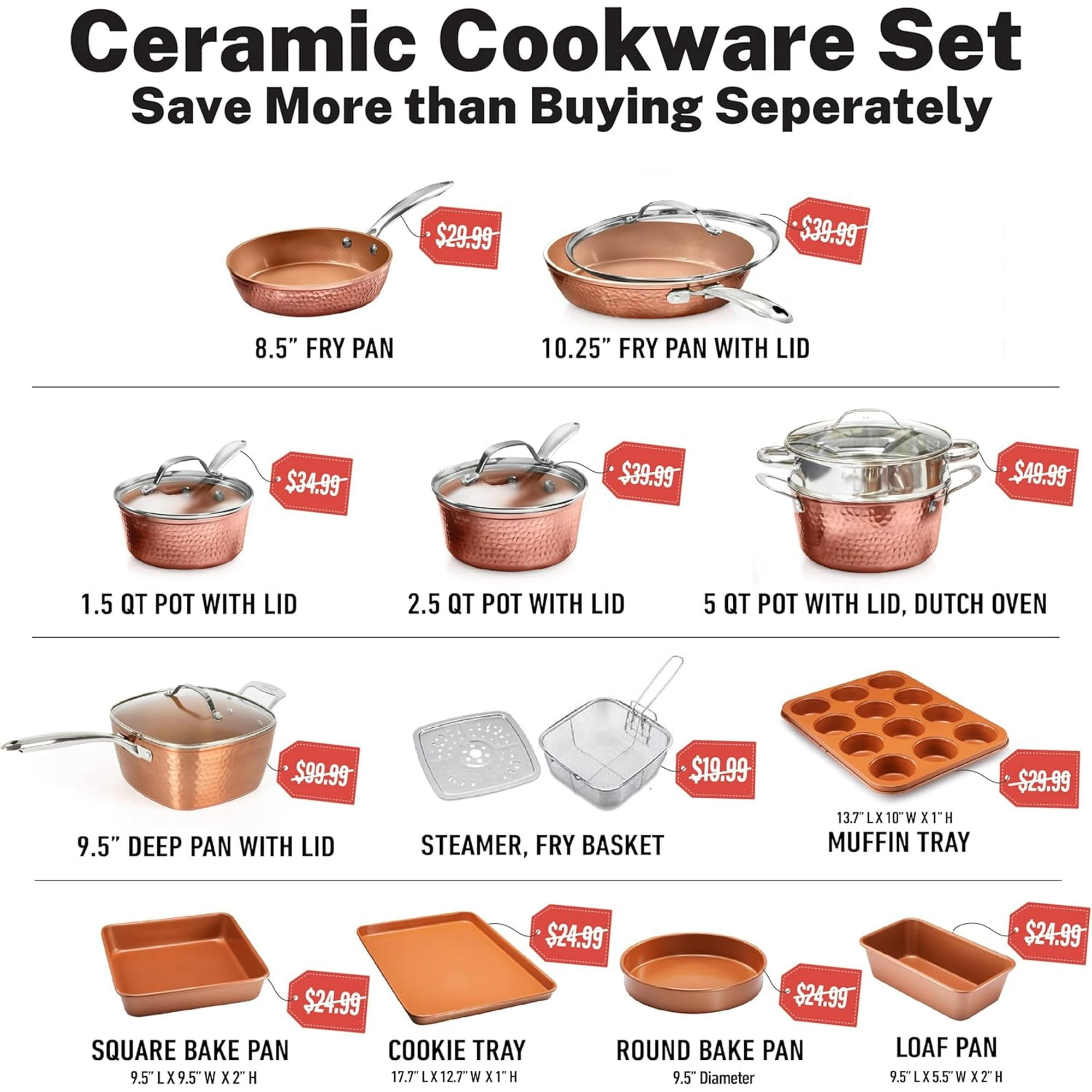 Gotham Steel Hammered 20 Pc Ceramic Cookware Set Nonstick, Induction Pots and Pans Set, Non Toxic Cookware Sets, Oven & Dishwasher Safe, Copper