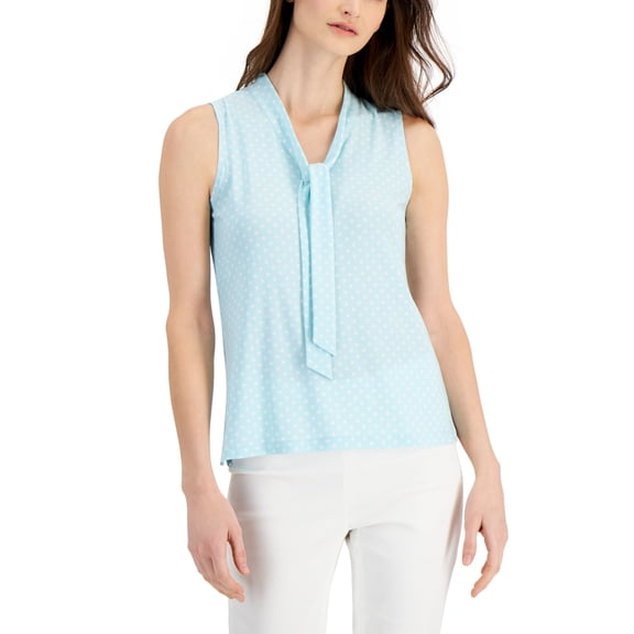 Anne Klein Dot Print V Neck Top Ocean Sky White M