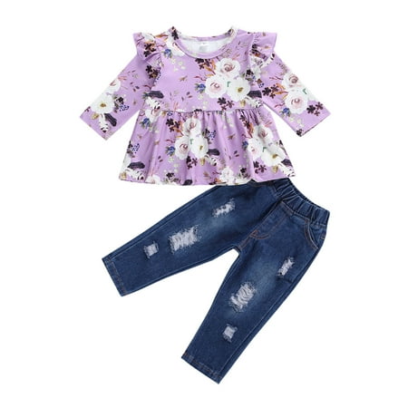 

One opening Baby Girl s Floral Long Sleeve Round Neck Top + Denim Pants Set