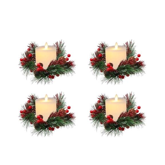 4 PCS Candle Rings Set Christmas Candle Wreaths with LED Candles Red Berry Pinecones Glass Cup for Table, Door, Cabinet