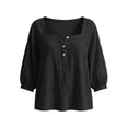thumbnail image 5 of ZGRBOU 3/4 Sleeve Cotton Linen Shirts for Women Square Neck Button Loose Basic Tops Summer Casual Solid Daily T-Shirts, 5 of 6