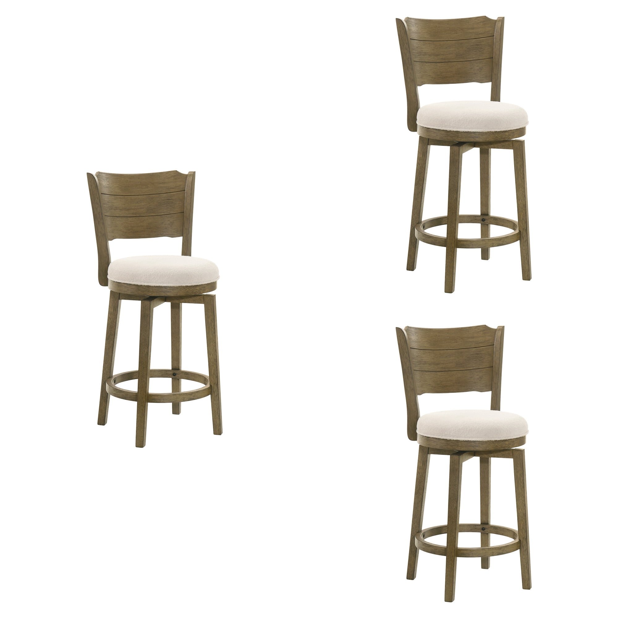 Winsley Coastal Modern Swivel Wood Counter Height Kitchen Bar Stool in Putty Brown Finish with White Boucle Fabric Upholstered Seat - Set of 3
