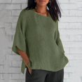 thumbnail image 2 of CHOK Hauts en Coton et Lin Grande Taille pour Femmes Été Décontracté Ample Basique Manches Mi-Longues T-Shirt Surdimensionné Col Rond Blouses, 2 of 5
