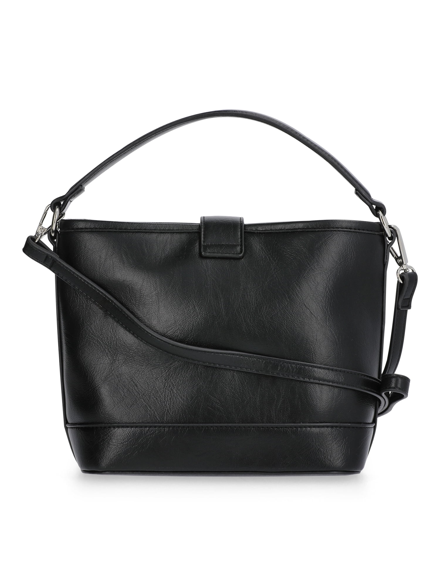 No Boundaries Women's Faux Leather Moto Bucket Bag, Black