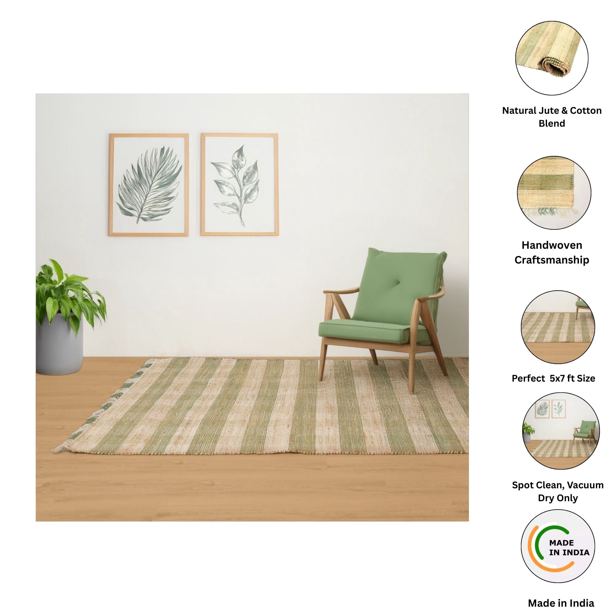 Expobazaar Artisan Hand Woven Jute & Cotton Green Plaid Rug | 5X7 ft | Eco-Friendly | Modern Home Décor | Comfortable & Stylish