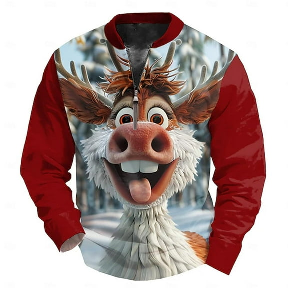 Telankuip Christmas Quarter Zipper Sweatshirts for Men Funny Large Reindeer Graphic V-Neck Xmas Holiday Pullovers Novelty 3D Print Long Sleeve Hoodless Tops Red XL