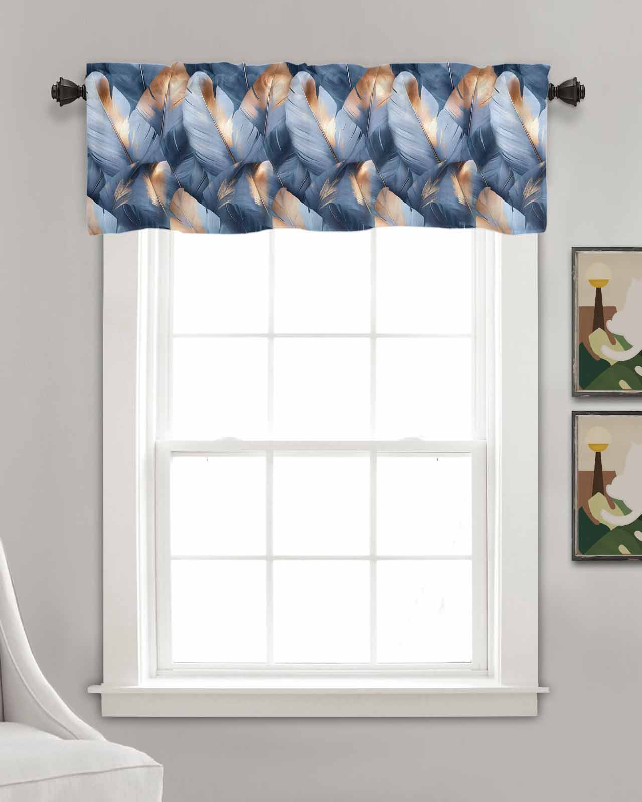 Navy Blue Ombre Feather Kitchen Valances for Windows Farmhouse Linen Window Valance Curtain for Living Room Window Treatment Modern Art Leaves Valance Rod Pocket Topper Drape, 42 x 18 Inch