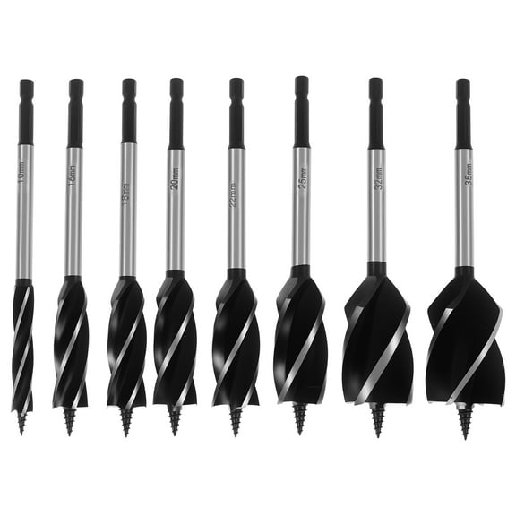 8Pcs Wood Auger Drill Bit Set Carbon Steel 4 Flute Woodworking Drill Bit with 1/4 inch Hex Shank for Softwood Plastic