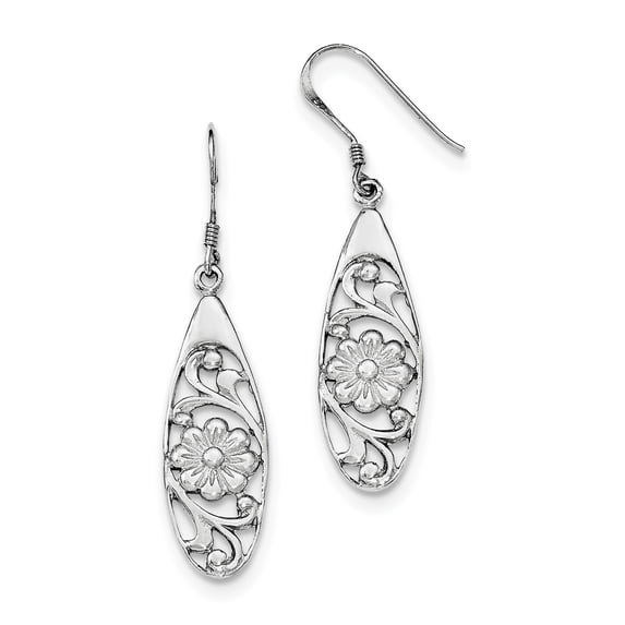 Sterling Silver Rhod-Plated Polished Fancy Flower Dangle Earrings (45 X 10) Made In Thailand qe11995