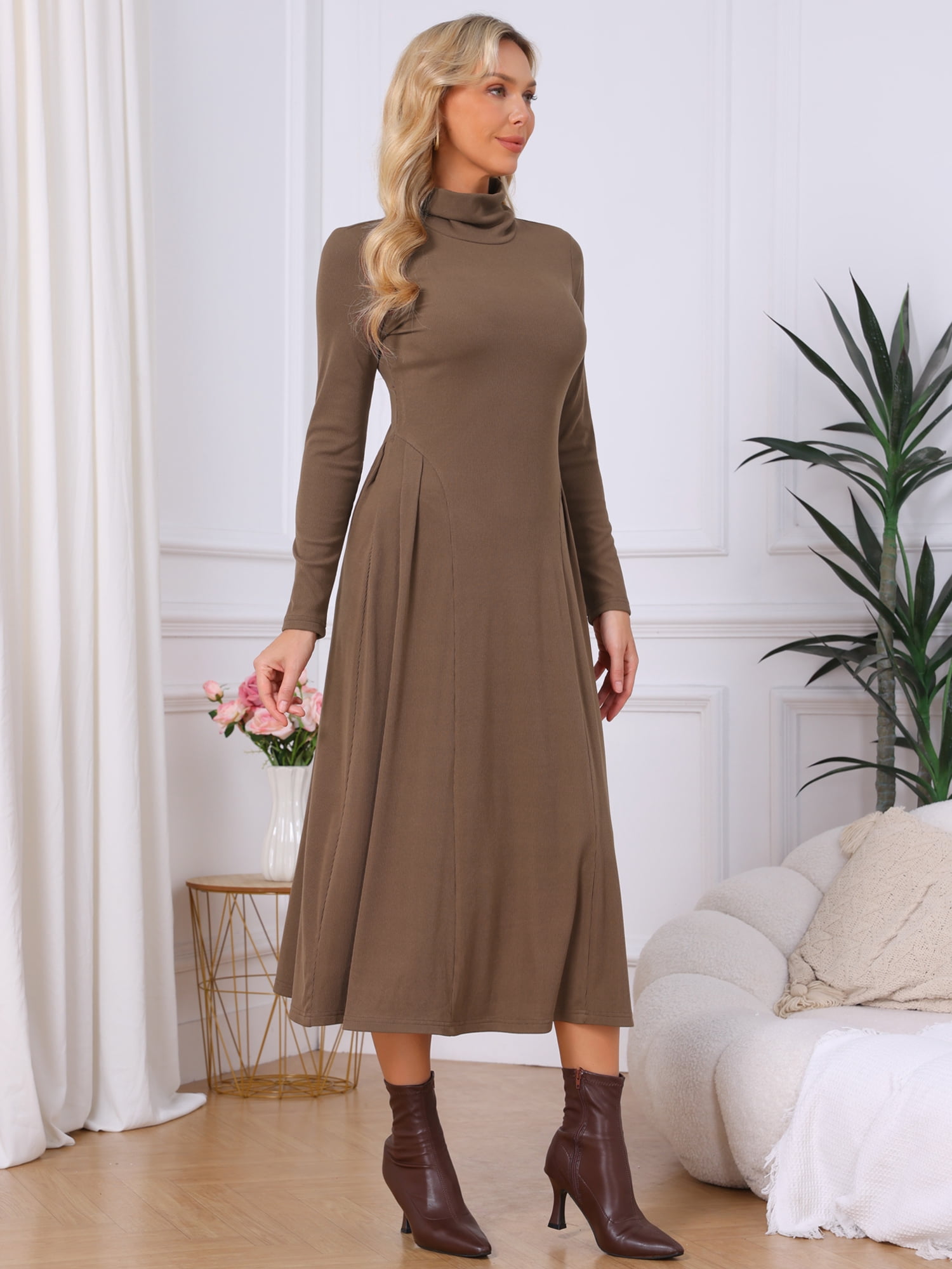 DARING DIVA Women's Sweater Turtleneck Long Sleeve A Line Knit Dress M Brown