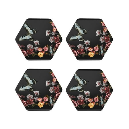 

Matuu Butterfly with Fowers for Cup Coasters Set of 4 Leather Coasters Desk Coasters for Office Measures 4” x 4”-Hexagon