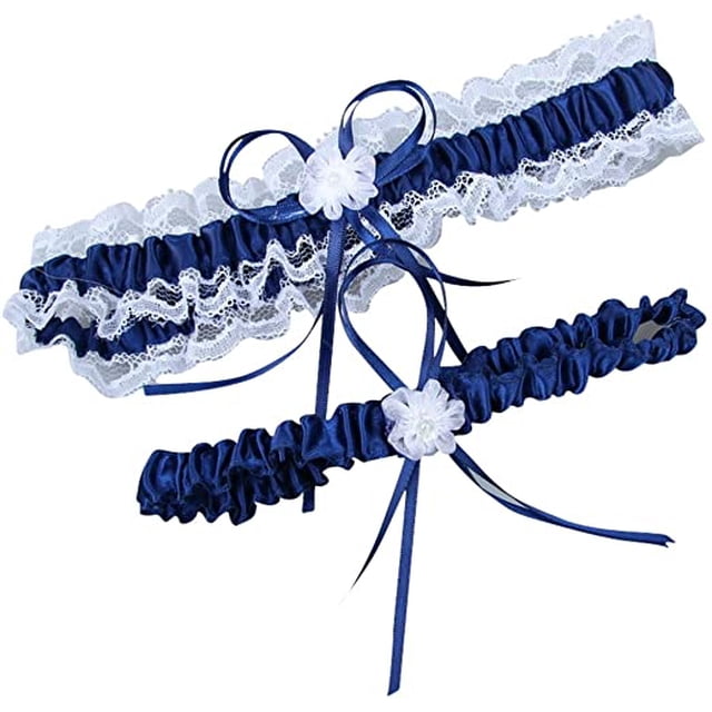 Women's White Lace Wedding Garters 2-Piece Set Bridal Garter Prom Gift Dark Blue