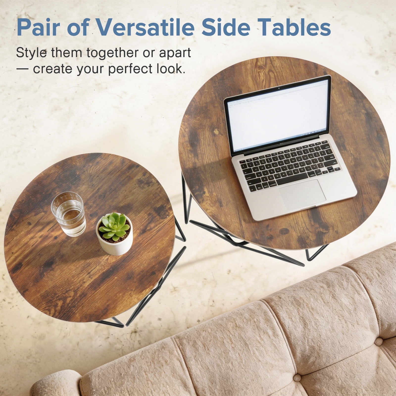 CONCETTA Small Round Coffee Table Set of 2, Nesting Side Tables for Living Room or Bedroom, Modern Accent End Tables,Rust