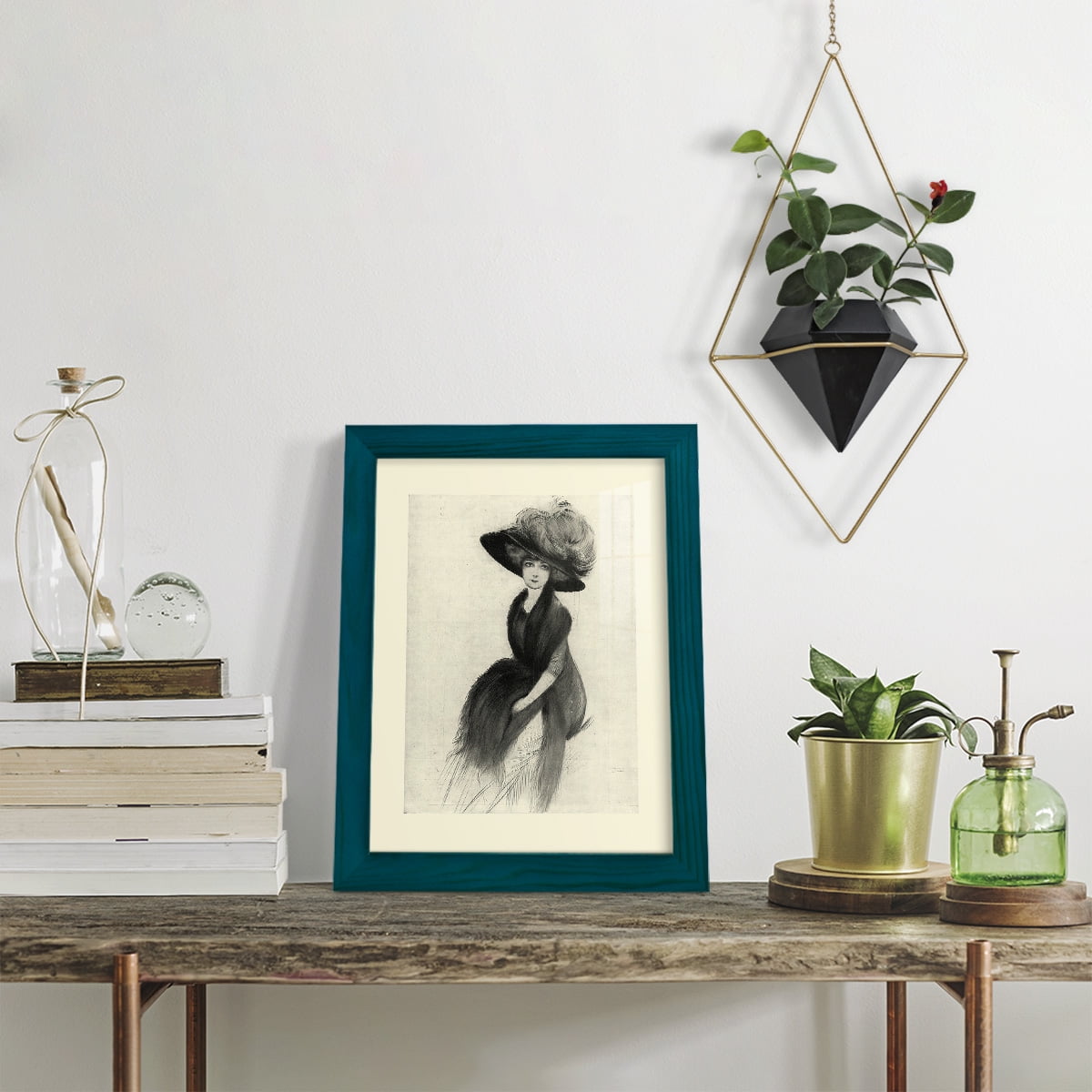 Feather Hat II -Framed Print w/glass-Ocean Blue