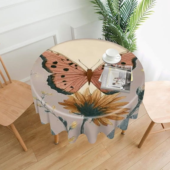 RKSupls 60 Inch Round Tablecloth, Butterfly Moon Flower Premium Polyester Straight Edge Wrinkle Resistant Washable Table Cover for Party Home Dining Decor