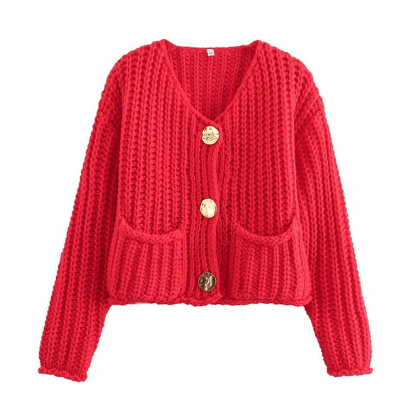 Ediodpoh Women's Long Sleeve Cardigan Sweater Jacket with Metal Buttons and Pockets Solid Color Lightweight Knit Top Cardigan Sweaters for Women Red S