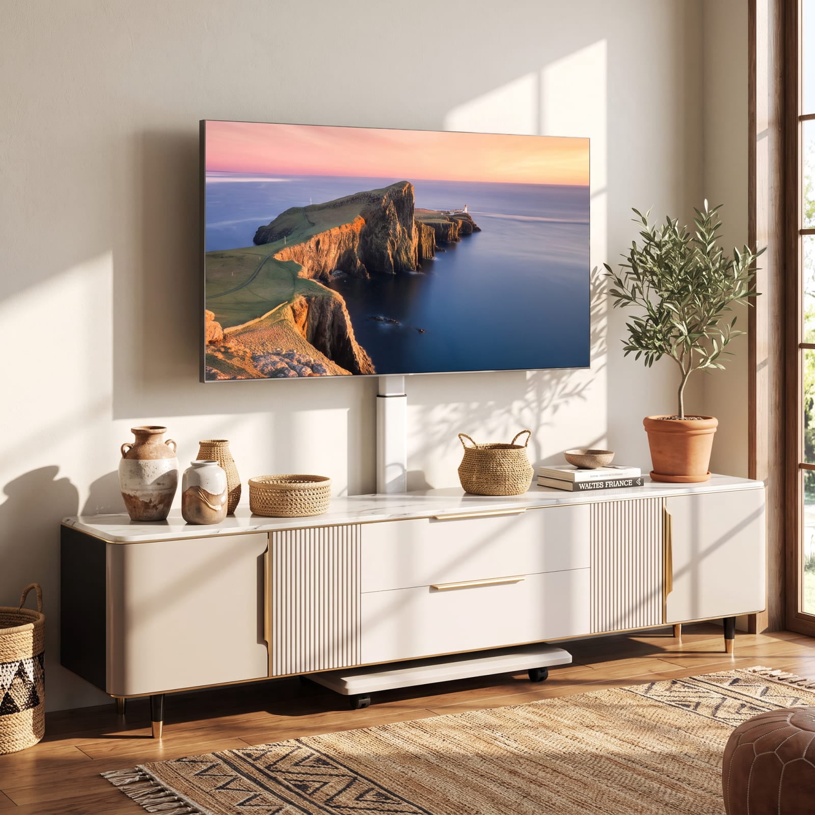Furnibear Rolling TV Stand Entertainment Center on Wheels Mobile TV Cart for 32 to 75 Inch TVs with Adjustable Storage Shelves, Natural