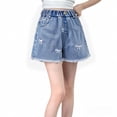 thumbnail image 2 of GiLiling Girls Bow Print Elastic Waist Denim Shorts, Frayed Hem Jean Shorts with Pockets for Kids Summer Casual Wear (Blue, 9-10 Years), 2 of 5