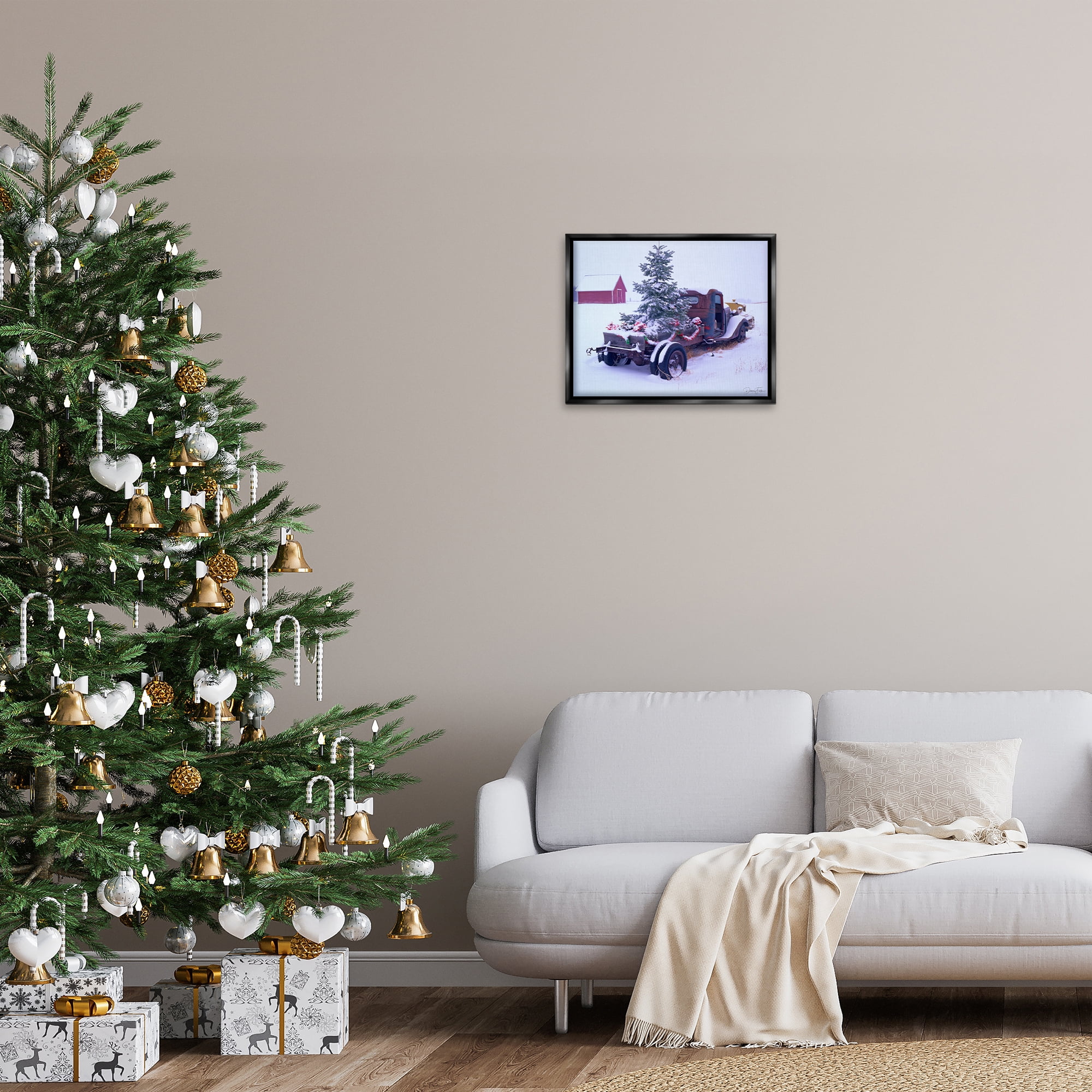 Stupell Industries Christmas Tree Truck Holiday Painting Black Floater Framed Art Print Wall Art, 21 x 17