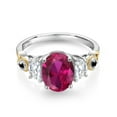 thumbnail image 2 of Gem Stone King 925 Silver and 10K Yellow Gold 3-Stone Ring Oval Red Created Ruby and Moissanite (2.51 Cttw, Size 5), 2 of 3