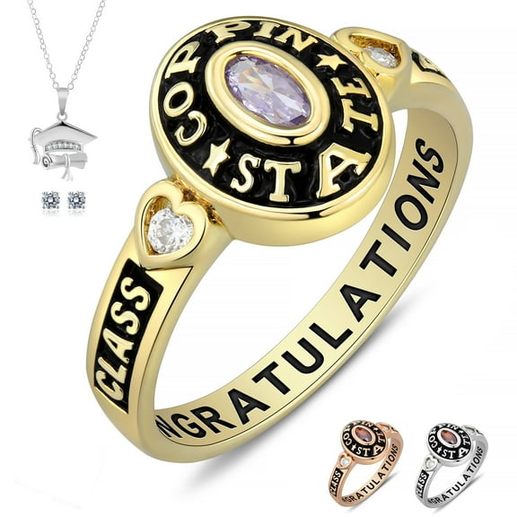 Ccjcinata Fully Personalized Customized Ladies class ring is fully custom made to suit high school college and college graduates sterling silver cubic zirconia (Sterling Silver - Gold Plated)