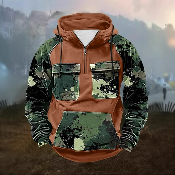 Aobny Tactical Hoodies for Men Camo Orange Zip-Up Hoodie Hooded Heavyweight Golf Shirts for Men,L