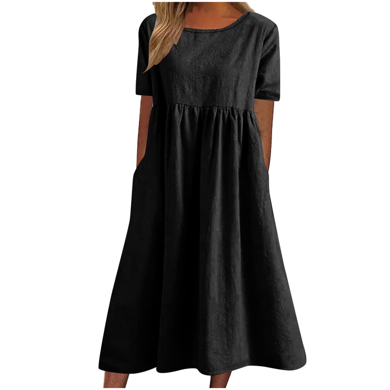 petite casual black dress SHEIN PETITE Women's Solid Color Round Neck Pleated Casual Party Holiday Short Sleeve Dress Black Summer