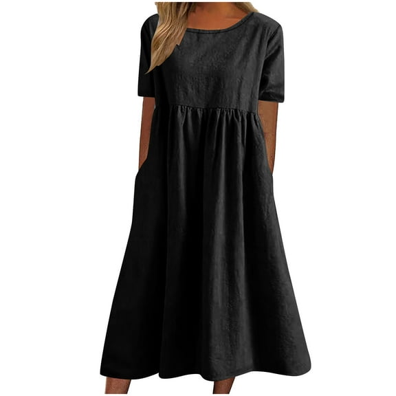 Arnsht Plus Size Cotton Linen Dresses for Women Short Sleeve Summer Loose Comfort Breathable Midi Dress with Pockets Black L