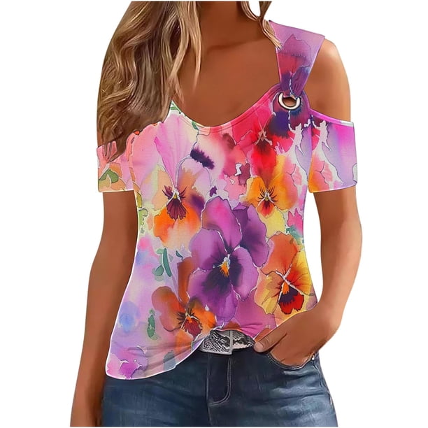 Blusas de Manga Corta para las Mujeres Sexy Frío Hombro Suéter Cuello en V Top Sólido, Blusas para las Mujeres Casual