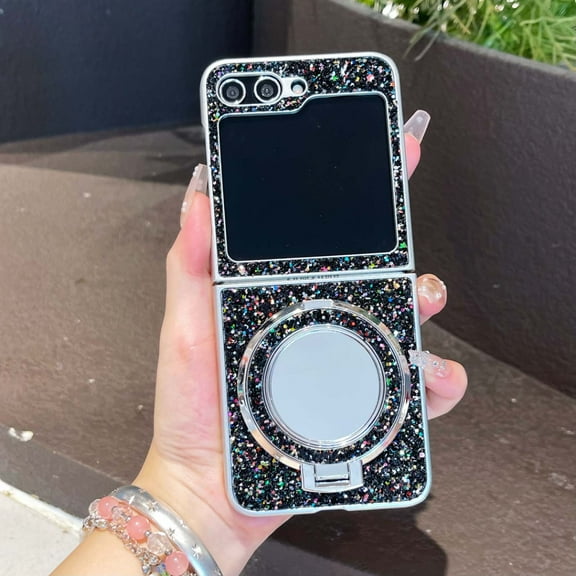 for Samsung Galaxy Z Flip 3 Case with Ring Holder Stand, Phone Case with Secure Grip Ring, Magnetic Support Wireless Charging, Women Girls Luxury Glitter Phone Cover with Built-in Mirror, Black