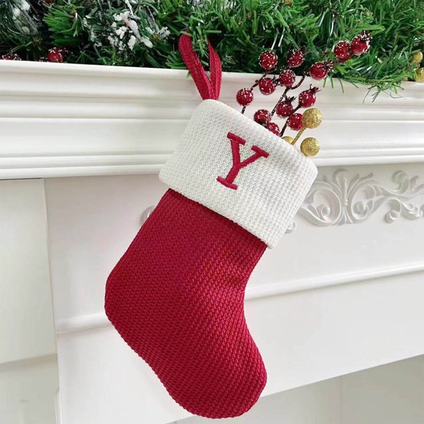Seyotauo Christmas Stockings with Initials, Embroidered Xmas Stockings, 7" Large Knitted Xmas Stocking, Christmas Party Fireplace Family Hanging Stocking Decorations