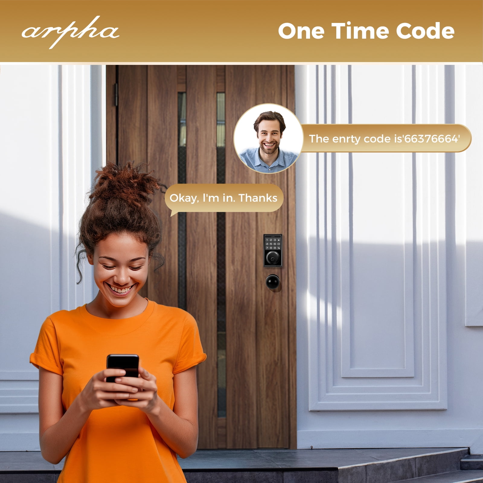 ARPHA Keyless Entry Door Lock with App Control, Smart Keypad Deadbolt with 2 Door Knobs, 100 Code Door Locks for Front Door, One Time Code, Auto Lock Easy to Install