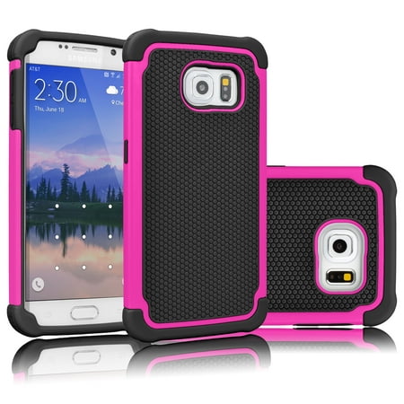Galaxy S6 Case, Samsung S6 Cover, Tekcoo [Tmajor] [Hot Pink/Black] Shock Absorbing Hybrid Rubber Plastic Impact Defender Rugged Slim Hard Case Cover Shell For Samsung Galaxy S6 S VI G9200 GS6