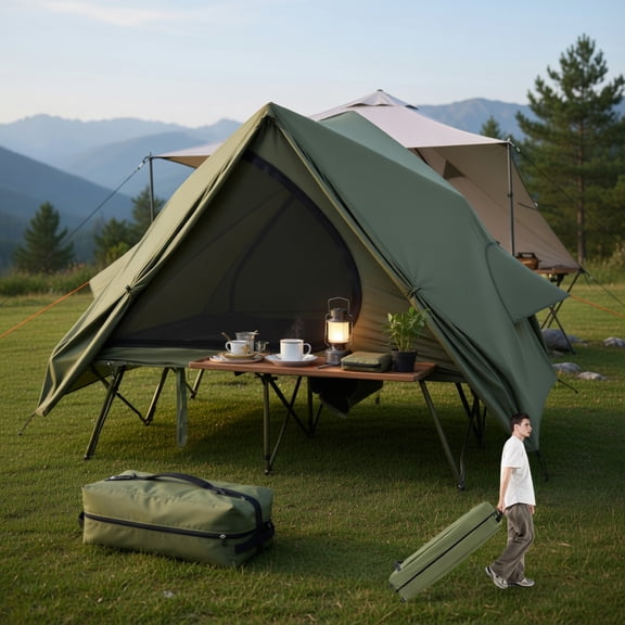 Spaco 2-Person Foldable Camping Cot Tent Combo with Pop-Up Shelter, Waterproof Rainfly & Wheeled Carry Bag, Green