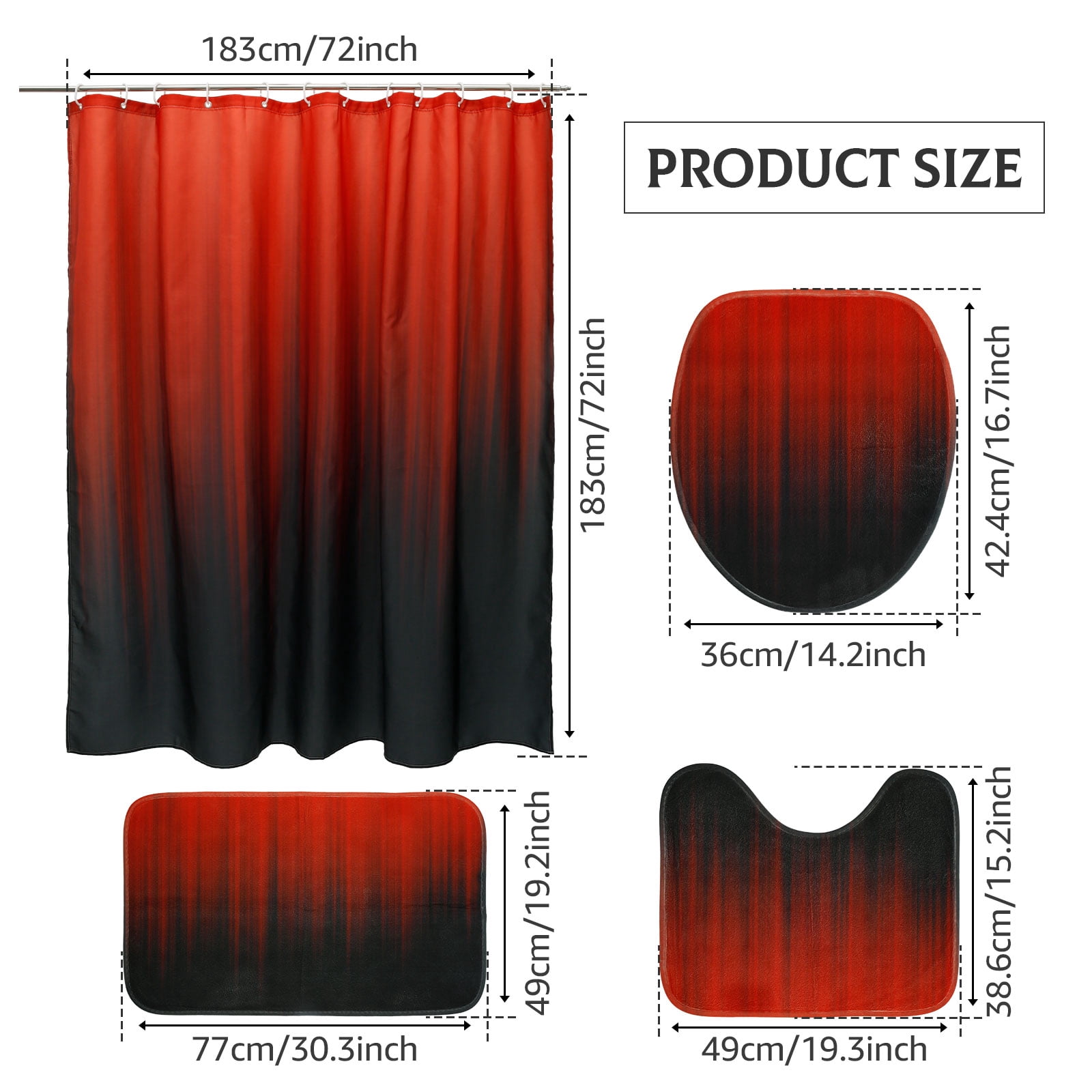 Dznils Black and Red Ombre Shower Curtain Set with Rug, 16pc Modern Bathroom Decor Set, 72" x 72"