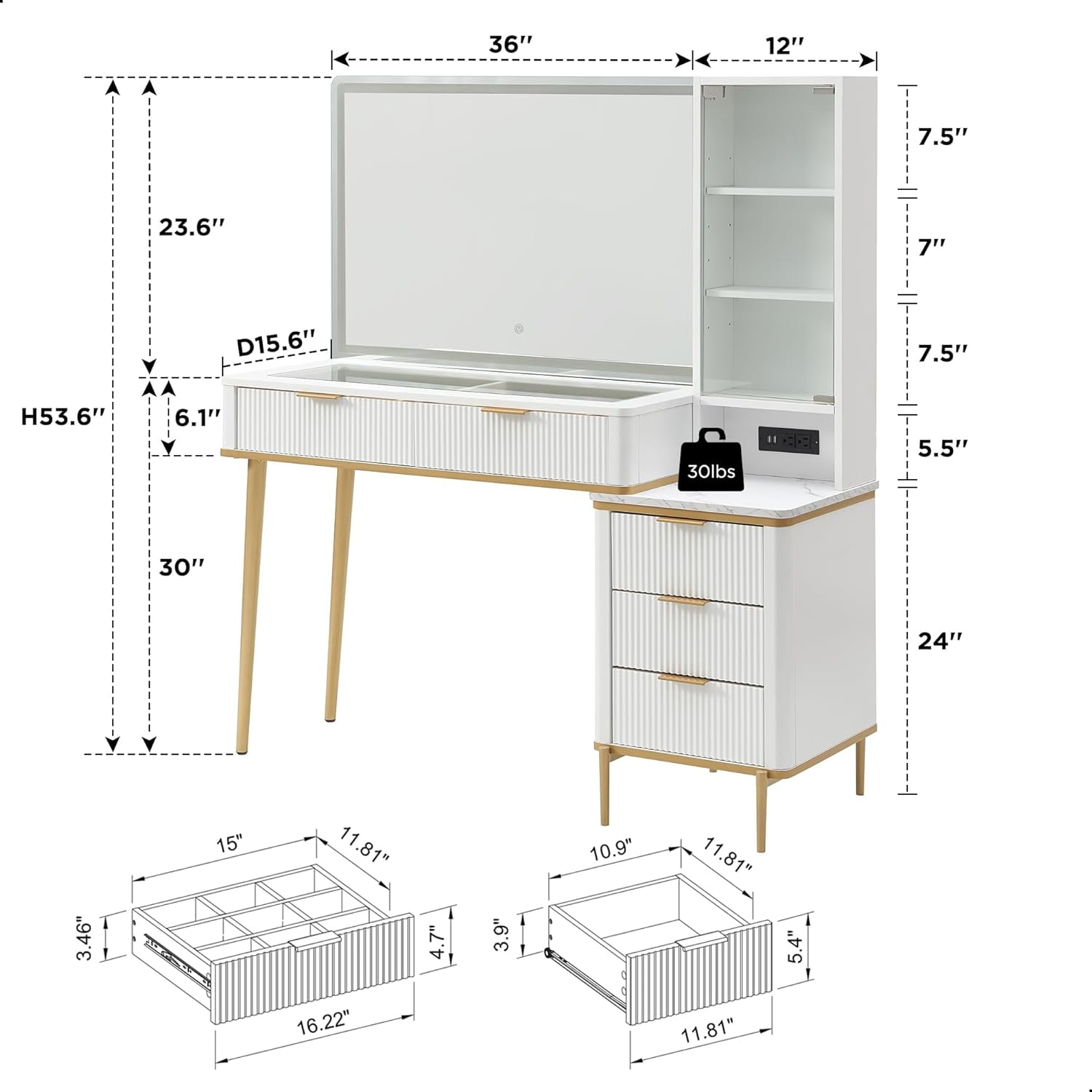 OKD Makeup Vanity Table with Lighted and Mirror, Glass Top Vanity Desk with 5 Drawers & Charging Station for Bedroom,White