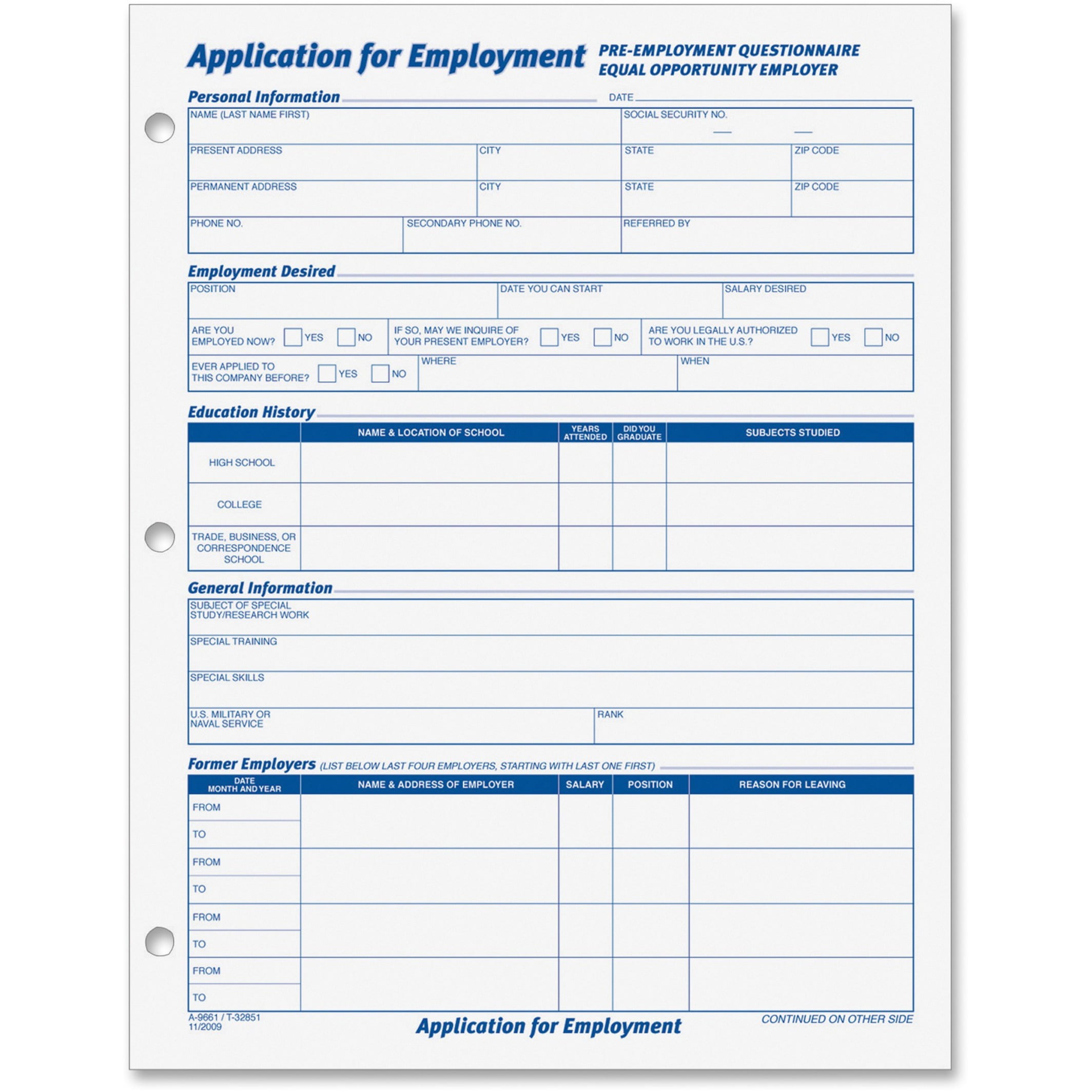 8-3/8 x 11 Tops 32851 Employee Application Form 50 Forms/Pad 2 Pads/Pack 